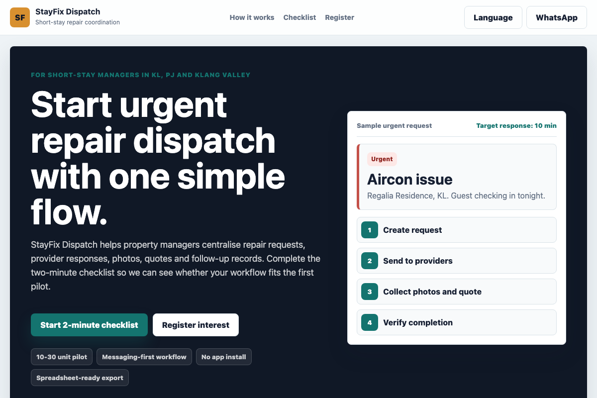StayFix Dispatch repair dispatch website screenshot